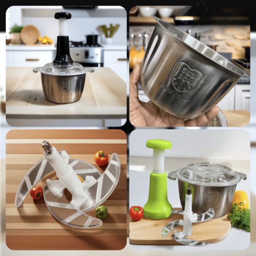 2L Stainless Steel Hand Push Chopper with 4 Blades - Manual Cutter
