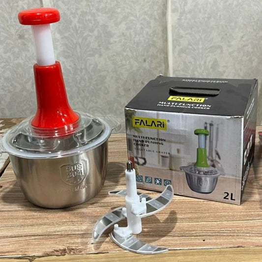 2L Stainless Steel Hand Push Chopper with 4 Blades - Manual Cutter